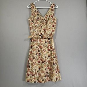 Kay Unger Dress Womens 8 Floral Autumn Colors Sleeveless V Neck Midi Belted